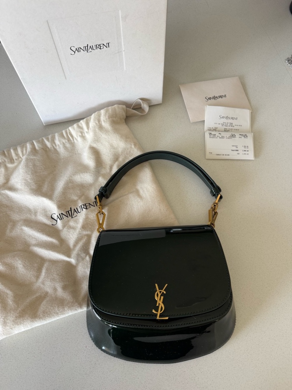 Saint Laurent Dark Green Patent Leather Top Handle Bag
